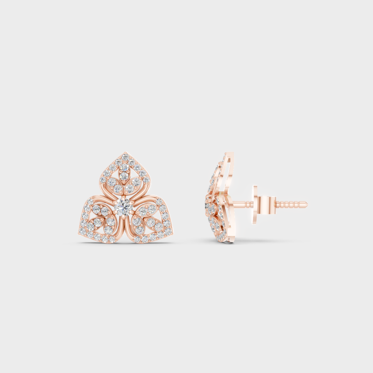 Romantic profile of 0.56 Carat Round Cut Lab-Grown Diamond Stud Earrings in blush 14K Rose Gold.